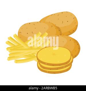 Potatoes. vector illustration. Set of whole, slices, half and French fries potatoes. Stock Vector
