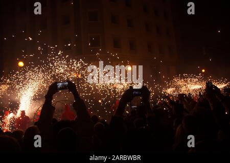 Cavalcade of the fire that takes place on March 19 to finish off the festivities of San Jose (Las Fallas) in Valencia, Spain. Many people in the audie Stock Photo
