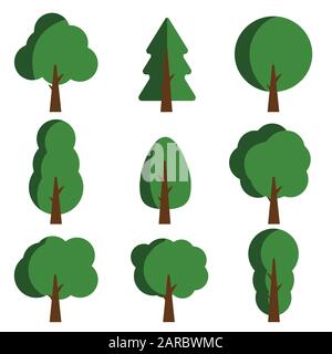nine trees set on white background, flat vector illustration Stock Vector