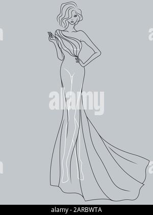 Abstract outline of charming and elegant lady in a sophisticated evening gown design isolated on the muted blue gray background Stock Vector