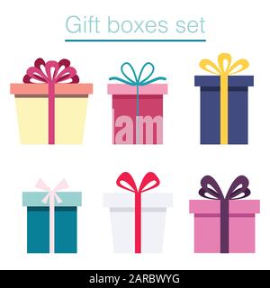 Gift boxes set, different design boxes on white background, vector illustration Stock Vector