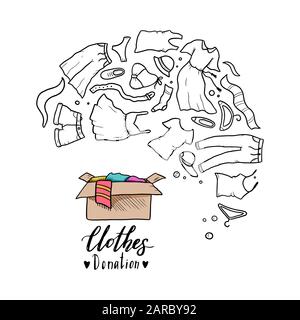Hand drawn illustration of clothes donate, charity, care concept. Doodle sketch style elements of clothes, donation box for logotype, banner, icon design. Vector illustration. Stock Vector