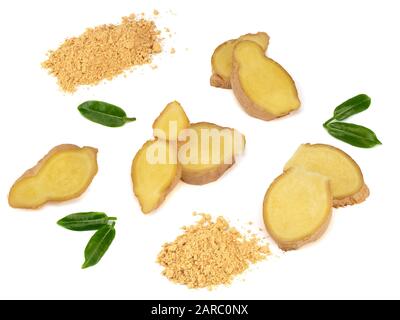 Fresh ginger and dried ginger on white bakground Stock Photo