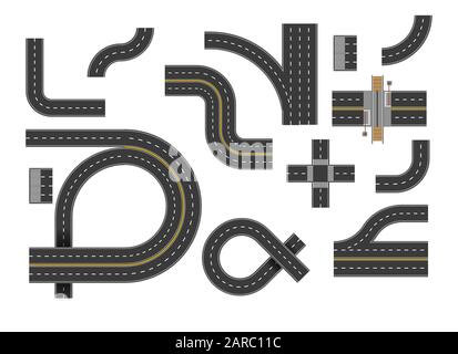 Road curves and bending highway roads top view set Stock Vector