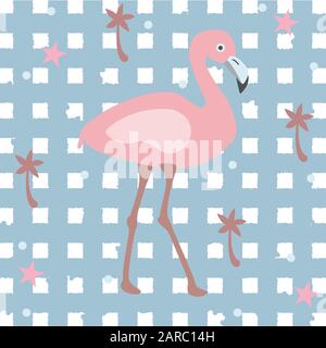 Creative Summer Pattern with exotic bird flamingo on stripped background with palms and stars. Vector Illustration Stock Vector