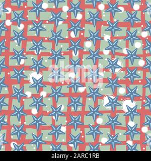 Simple seamless pattern with sea starfish on black. Continuous Background. Vector Illustration. Stock Vector