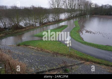 Loire river, France flooding its banks and the roadway in the countryside Stock Photo