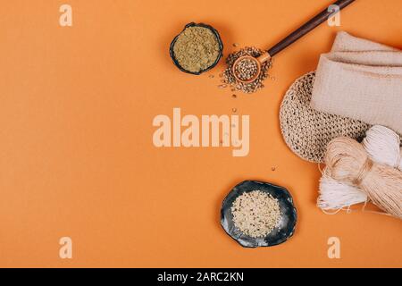 Different types of uses for hemp. Textile fiber industry. Zero waste living concept. Stock Photo