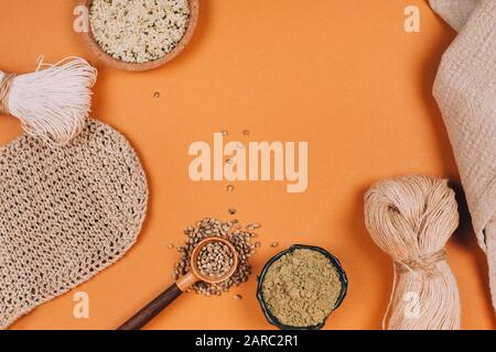 Different types of uses for hemp. Textile fiber industry. Zero waste living concept. Stock Photo