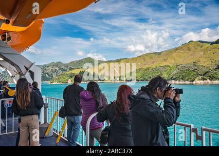 Passengers at MS Kaitaki, Interislander ferry, looking at Tory Channel, Marlborough Sounds shoreline, on way to Picton, South Island, New Zealand Stock Photo