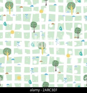 Simple Summer Seamless Pattern with trees, sun, drops of rain, flowers, berries. Vector Illustration Stock Vector
