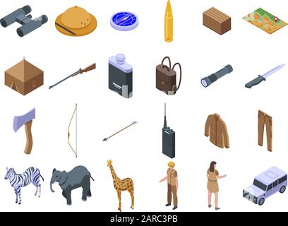 Safari equipment icons set, isometric style Stock Vector