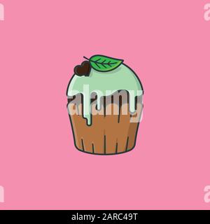 Chocolate cupcake with mint icing vector illustration for Chocolate Mint Day on February 19th. Delicious pastry color symbol. Stock Vector