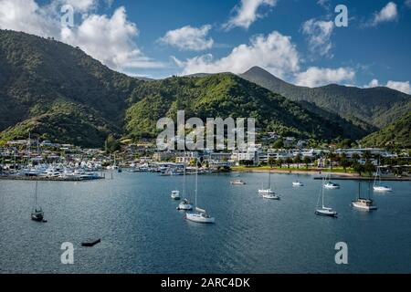 Boats moored at Picton Harbour, seen from Interislander ferry, MS Kaiarahi, leaving Picton, Marlborough Region, South Island, New Zealand Stock Photo