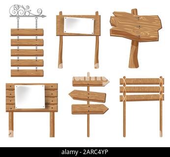 Wooden sign boards and signposts with blank paper sheet set Stock Vector