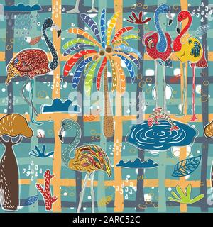 Seamless hand drawn colorful Pattern with Flamingo. Scandinavian Style. Vector Illustration Stock Vector