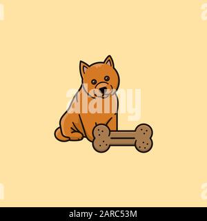 Cute puppy with huge dog treat vector illustration for Dog Biscuit Appreciation Day on February 23. Pet food color symbol. Stock Vector