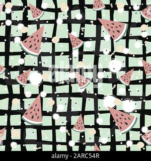 Seamless Pattern with watermelons on teal background. Vector Illustration Stock Vector