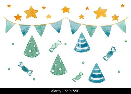 Hand Flags Design Watercolor Christmas garland with stars and colorful light bulb ...