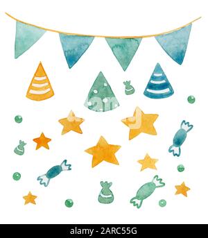 Hand Flags Design Watercolor Christmas garland with stars and colorful light bulb ...
