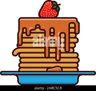 Stack of pancakes with syrup and strawberry on top isolated vector illustration for Pancake Day. Sweet food and Shrove Tuesday color symbol. Stock Vector
