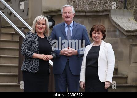 Deputy First Minister Michelle O'Neill (left) and Economy Minister Diane Dodds (right) meet with Michel Barnier, the EU's Brexit negotiator, ahead of a meeting at Stormont in Belfast. Stock Photo