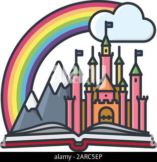 Fairy tale concept isolated. Castle, rainbow and mountains in a book vector illustration Stock Vector