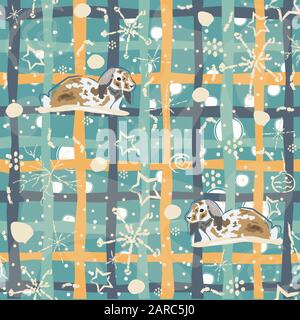 Seamless Winter pattern with bunnies on blue background with hand drawn winter doodles. Vector Illustration Stock Vector