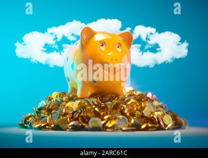 Piggy bank with stock of money and clouds in halo shape in background Stock Photo