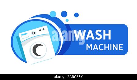 Washing machine logo in blue frame with water bubbles Stock Vector