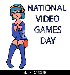 sign for national video games day with a girl gamer with blue hair and a gamepad. white background isolated stock vector illustration Stock Vector