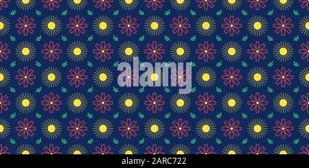 Summer seamless pattern with sun, geometric flower and leaf branch. Spring floral texture and background to print on fabric, textile tissue, wrapping Stock Vector