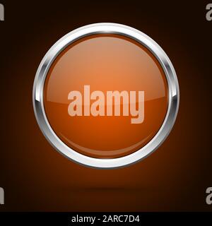 Orange glass button with metal frame. Round icon on dark background. Vector 3d illustration Stock Vector