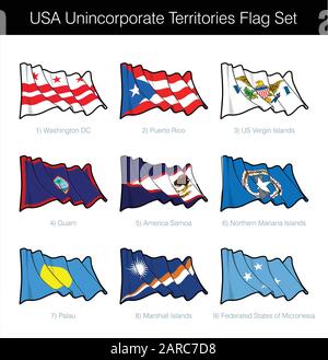 The icon set includes the waving flags of Washington DC, Puerto Rico, US Virgin Islands, Guam, American Samoa, Palau, Northern Mariana Islands, Federa Stock Vector