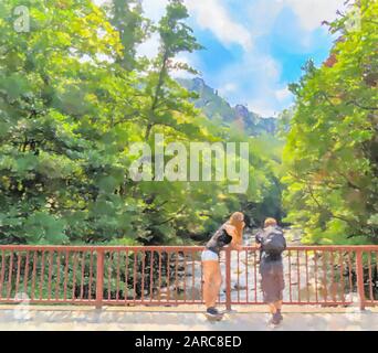 watercolor illustration: oung couple on a bridge looks to mountains Stock Photo