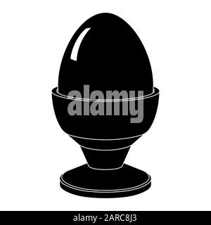 Boiled egg in egg stand. Black silhouette drawing. Vector illustration isolated on white background Stock Vector