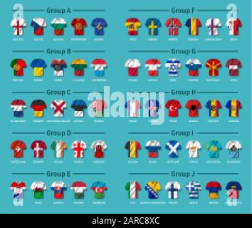 European soccer tournament qualifying draw 2020 . Group of international teams . Football jersey with waving country flag pattern . Blue theme backgro Stock Vector