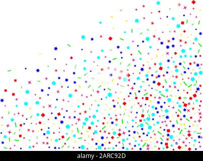 Super confetti assembled. Confetti new background bright. Colored hexagons, stars, ovals particles. Stock Vector