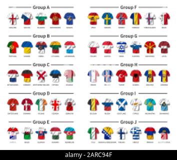 European soccer tournament qualifying draw 2020 . Group of international teams . Football jersey with waving country flag pattern . White theme backgr Stock Vector