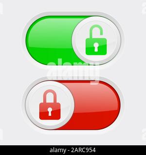 Closed and open buttons. Toggle switch red and green buttons. Vector 3d illustration Stock Vector