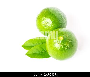 Studio shot two Asian green limes with leaves isolated on white Stock Photo