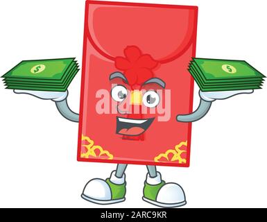 happy rich chinese envelopecharacter with money on hands Stock Vector