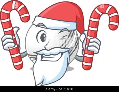 Cricket ball Cartoon character in Santa costume with candy Stock Vector