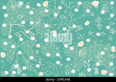 Cute Winter Background with hand drawn snowflakes, polar bear, ornaments, stars and other winter doodles on subtle blue background. Hand Drawn design. Stock Vector