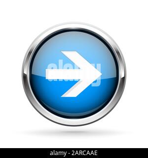 Next icon. Blue shiny 3d button with metal frame and white arrow. Vector illlustration isolated on white background Stock Vector