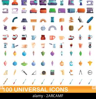 100 universal icons set. Cartoon illustration of 100 universal icons vector set isolated on white background Stock Vector