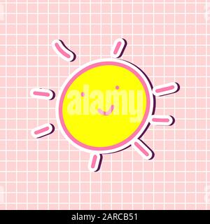 Cute logo. Sun Kawaii in yellow and pink colors sticker isolated on textured background. Cute girly element. Vector illustration in cartoon style.Sing Stock Vector