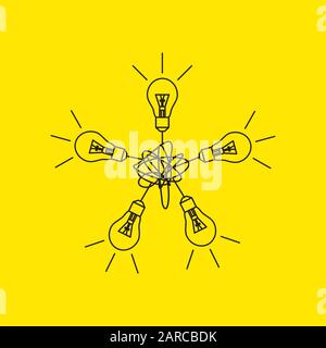 Insight or ideas concept, brain activity symbol, psychotherapy icon, tangle with lamps, vector illustration Stock Vector