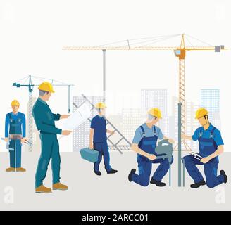 a group of craftsmen on the construction site while building Stock Vector