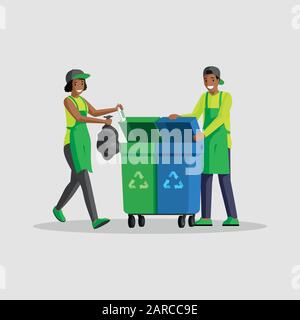 People taking out rubbish flat vector illustration. Volunteers sorting waste, putting garbage bag in dustbins for recycling. African american man and woman cleaning isolated cartoon characters Stock Vector